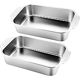 Funnymoom 2 Pcs Stainless Steel Deep Baking Pans for Oven Rectangle Cake Pan Bakeware for Fish Cakes Breads Casseroles Vegetables Dishwasher Safe, 13 x 9 x 3. 35 Inch