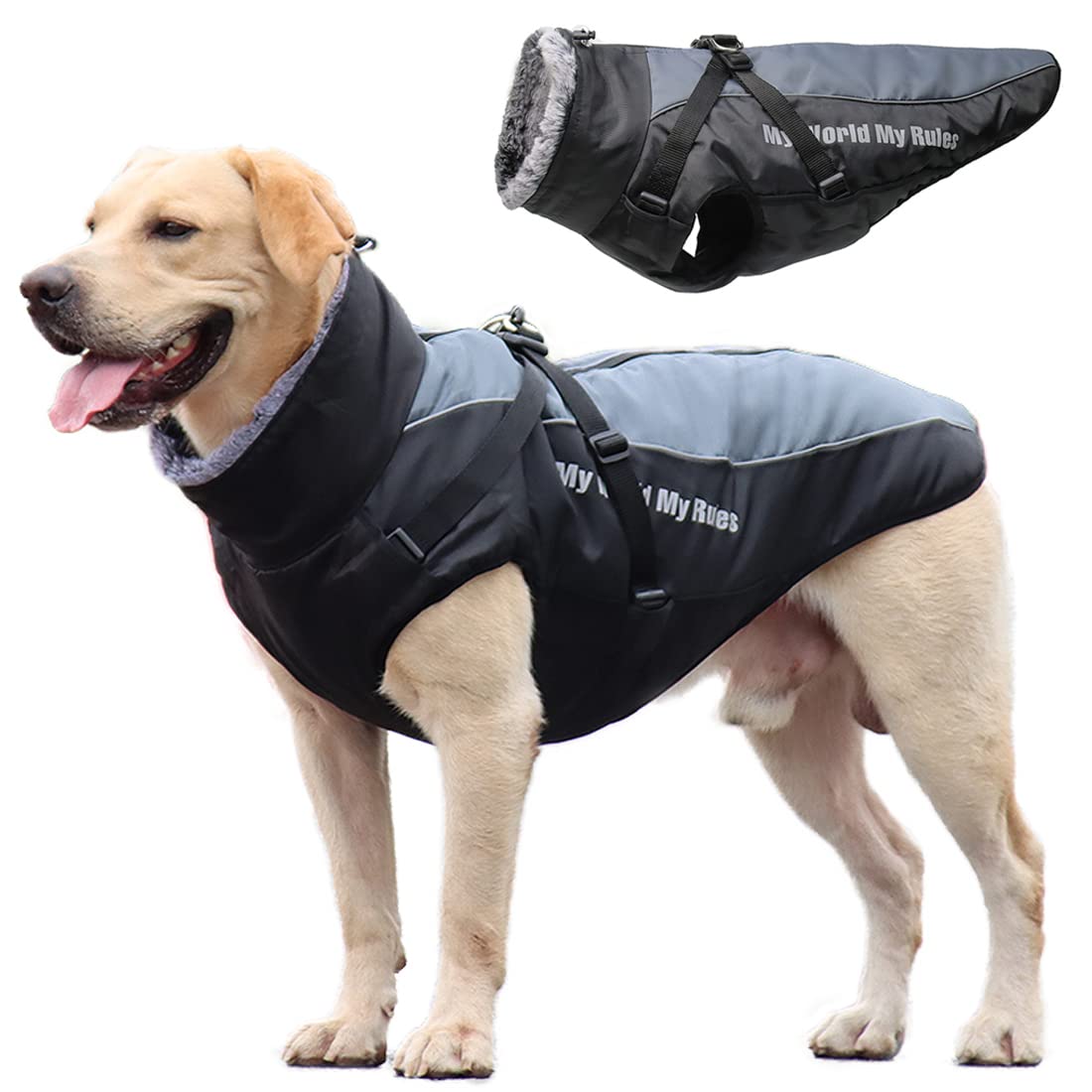 Dog Coat Reversible Waterproof Reflective Plush Jacket with Detachable Harness Design and Folded fur Collar No Pull No Choke Non-hairy Cozy Cold Weather Clothes For Medium And Large dogs 2XL-6XL