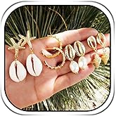 Sixexey Boho Hoop Earring Gold Seashell Conch Earring Set Pearl Ear Stud Starfish Earrings Jewelry Summer Beach Ear Accessories for Women(4 Pairs)