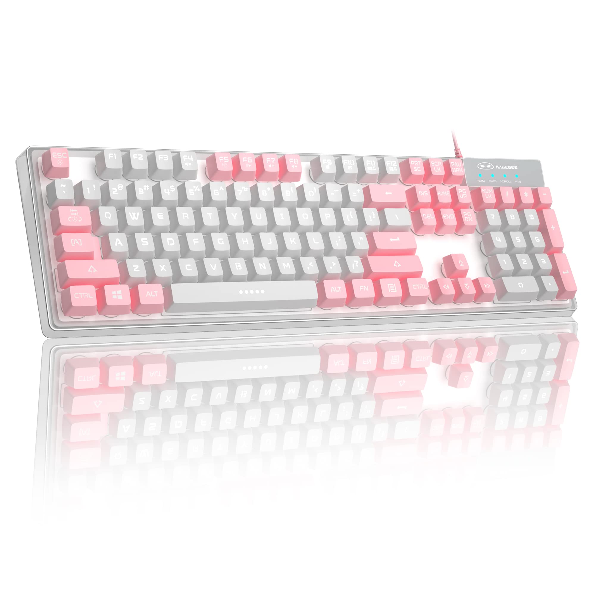 MageGee Gaming Keyboard, 7 Colors Backlit Wired Gaming Keyboard with Clear Housing and Double-Shot Keycaps, K1 Waterproof Ergonomic 104 Keys Light Up Keyboard for PC Desktop Laptop, Pink & White