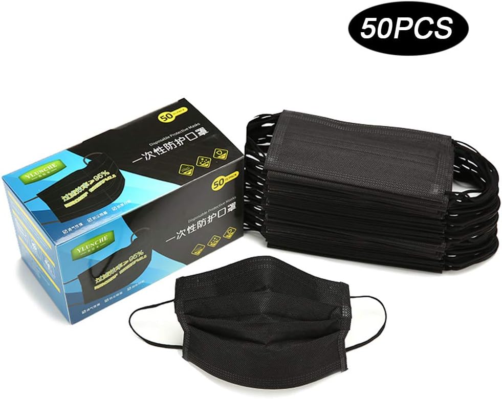 Individual Package Disposable Medical Face Mask 4-ply Thickened, with Elastic Ear Loop, Dust Masks Antiviral Great for Surgical Dental Outdoors Hypoallergenic Hospital, Black,50Pack