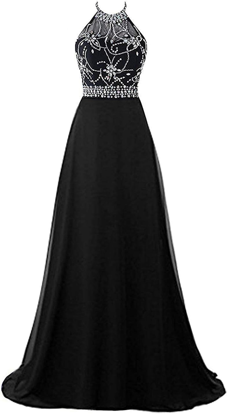 HEAR Women's Halter and One Shoulder Chiffon Prom Dress Beaded Long A-Line Party Evening Dresses Hear040