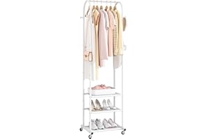 Kaitiemoo Heavy Duty Clothing Rack with Wheels,Modern Garment Rack with 3 Metal Shelves, 71.8Inches Display Rack for Hanging Clothes, Hanging Rod for Small Spaces,White