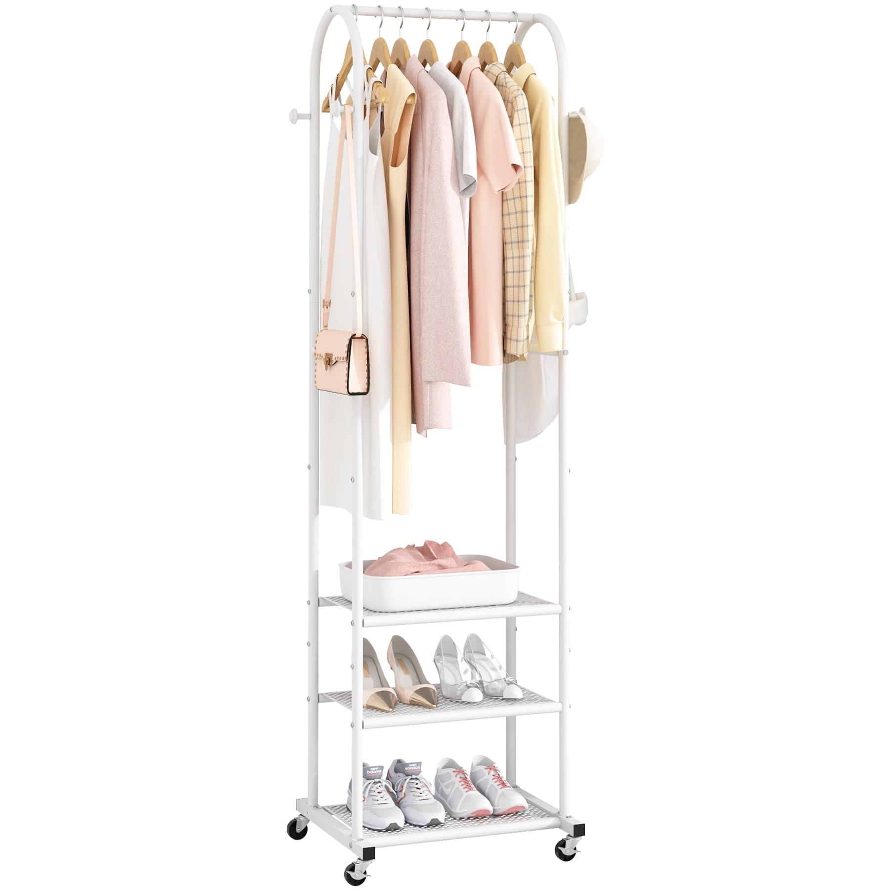 Photo 1 of Kaitiemoo Heavy Duty Clothing Rack with Wheels,Modern Garment Rack with 3 Metal Shelves, 71.8Inches Display Rack for Hanging Clothes, Hanging Rod for Small Spaces,White