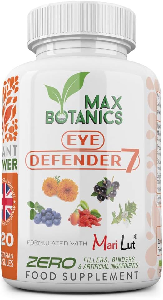 Max Botanics Eye Defender 7 Long-Term Eye Health Formula Supplements Lutein Zeaxanthin Bilberry Goji Blackcurrant Eyebright Support Clear Healthy Vision No Additives Vegan GMP 120 Capsules UK Made