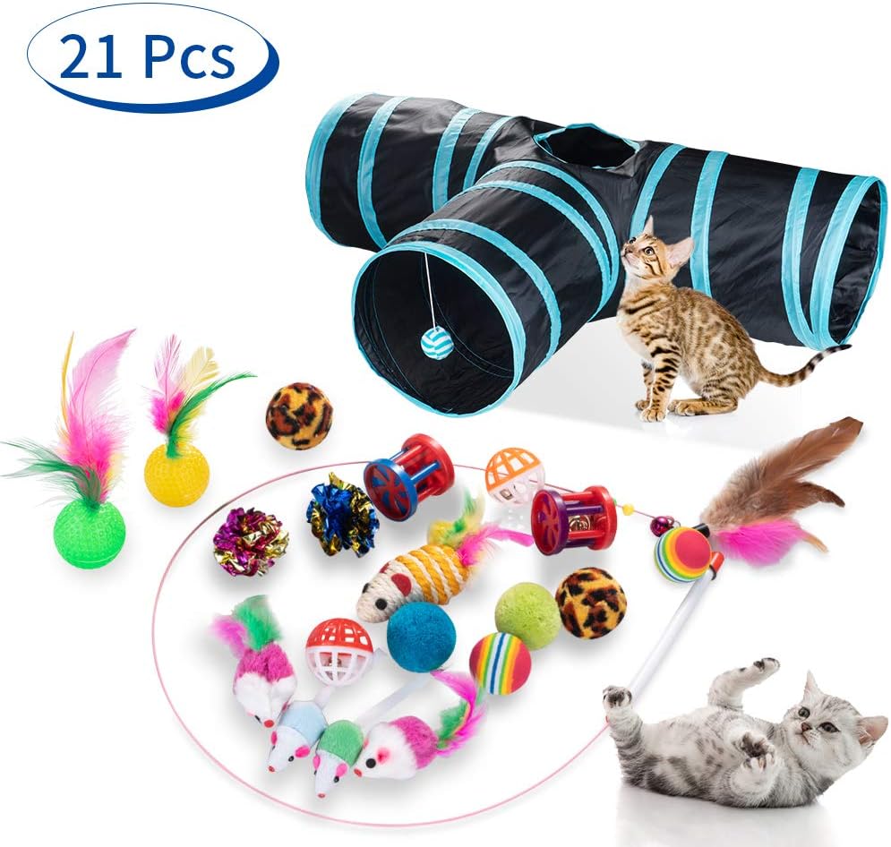 Dono 21Pcs Cats Feather Toys-Kitten Interactive Pet Toys Assortments (2 or 3 Way Hole Tunnel) Cat Feather Wand Fun Ball Chew Sticks, Fluffy Mouse, Fake Mice, Crinkle Balls, Bell Play Supplies : Pet Supplies