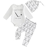 Nibbcoa Newborn Fall Winter Outfit Funny Letters Print Baby Onesie and Pants Hat Set Cute Hockey Outfit Baby Boy 0-18M
