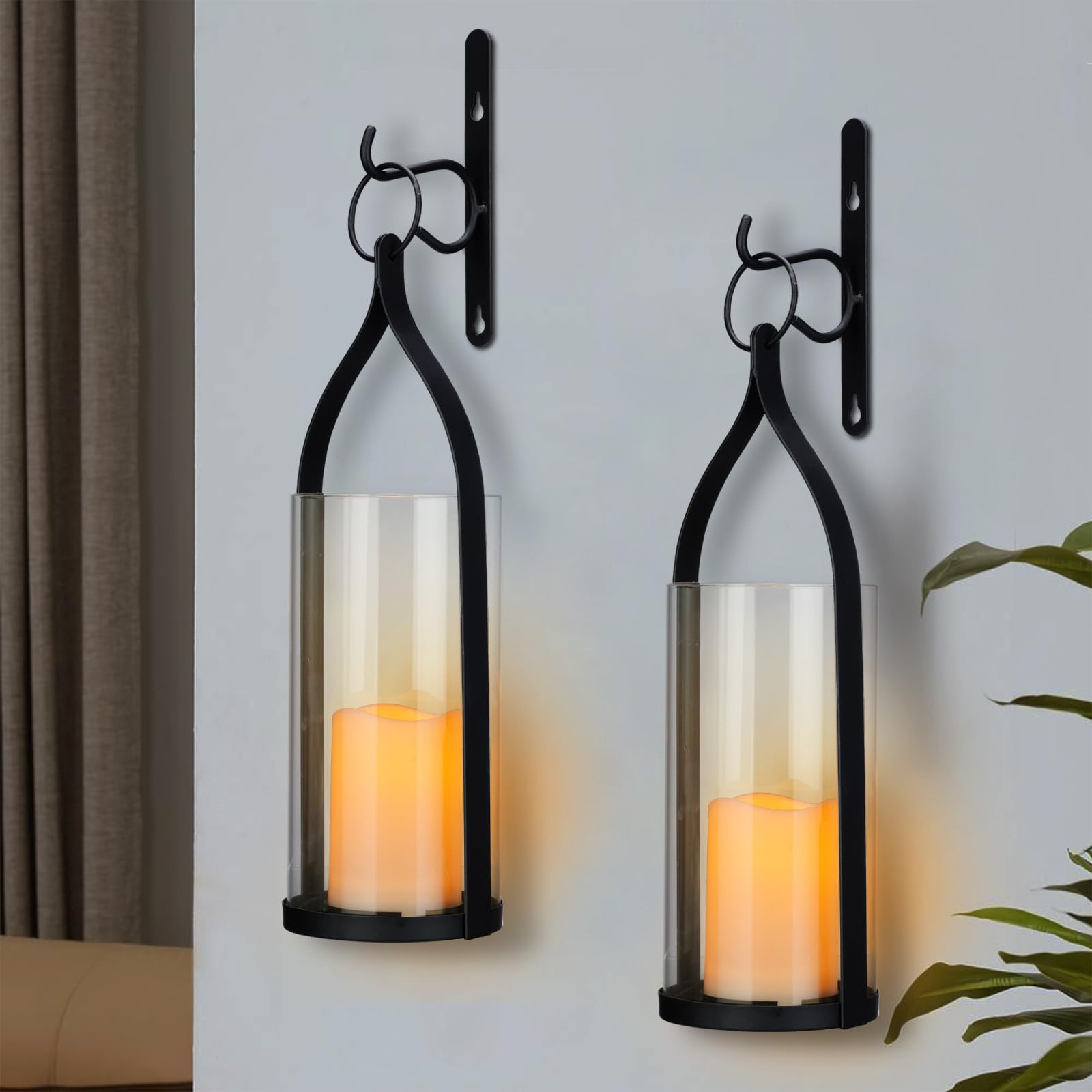 Photo 1 of Metal Wall Sconce Candle Lantern Set of 2 - Black Wall Mounted Hanging Holder with Glass & Candles Vintage Wall Decor for Porch, Living Room, Dining Room, Bedroom Indoor Decor