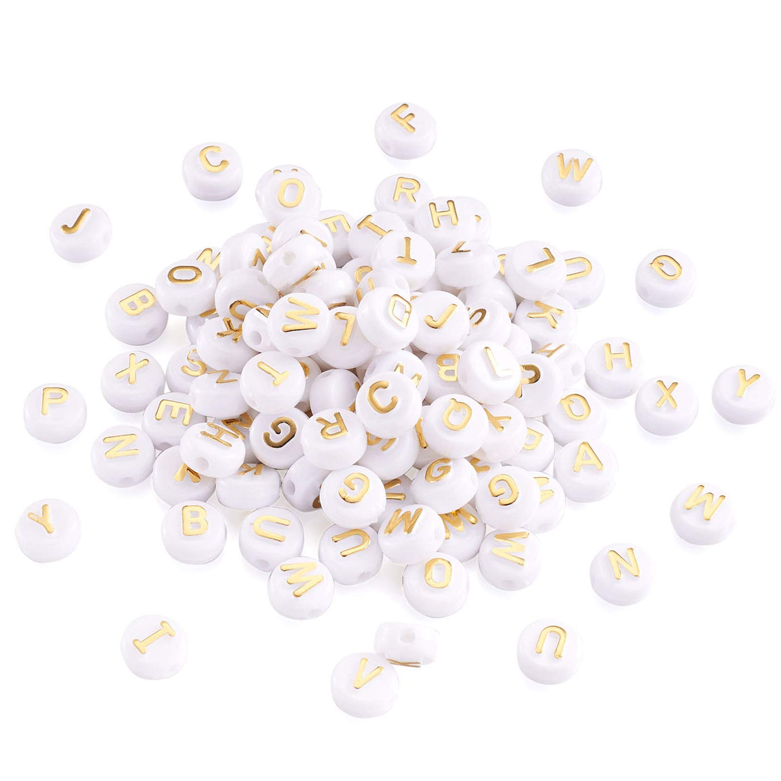 Cheriswelry 200pcs White Gold Acrylic Alphabet Beads 10mm Flat Round Disc A-Z Letter Spacer Loose Beads for Jewellery Bracelet Making