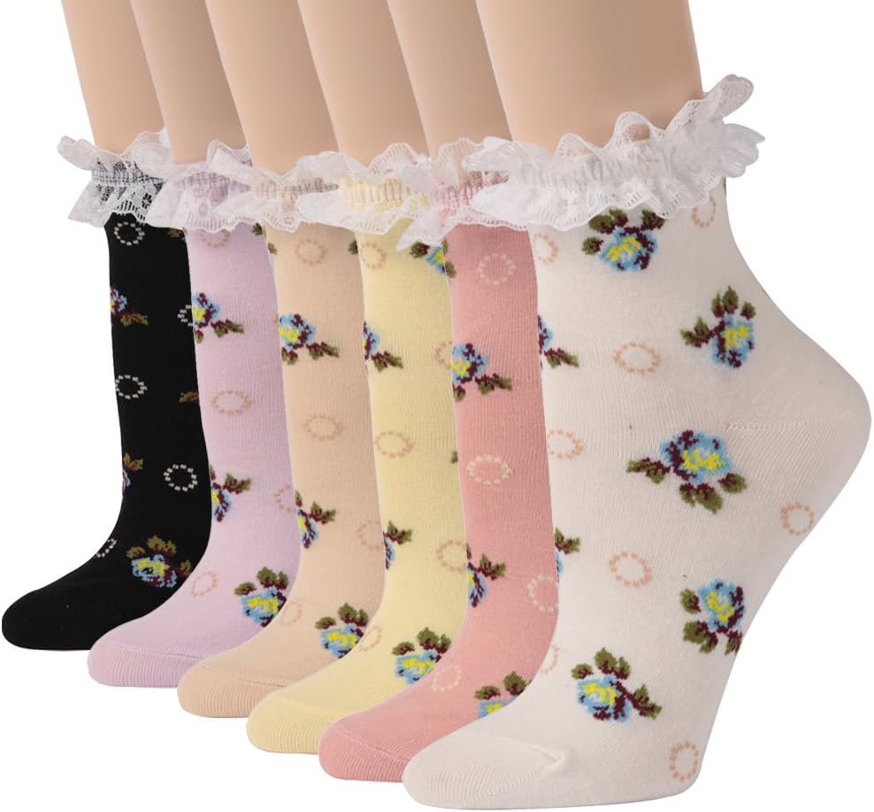 Funcat Women's Lace Ruffle Frilly Colorful Floral Cotton Casual Novelty Ankle Socks 4/5/6 Pairs