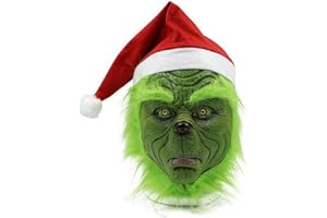 DTDR The Green Mask,Green Latex Full Head Mask Christmas Mask Costume with Red Santa Hat Cosplay Halloween Party Props for Adult Fancy Dress