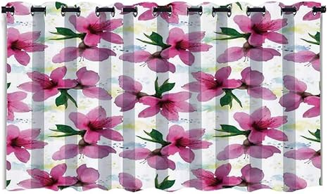 Amazon 小さな窓カフェキッチンカーテン 1 枚 花 鮮やかな桜桜の花びら植物学エッセンス水彩画 フクシアグリーンホワイトイエロー 幅145cm 90cm丈 カフェカーテン オンライン通販