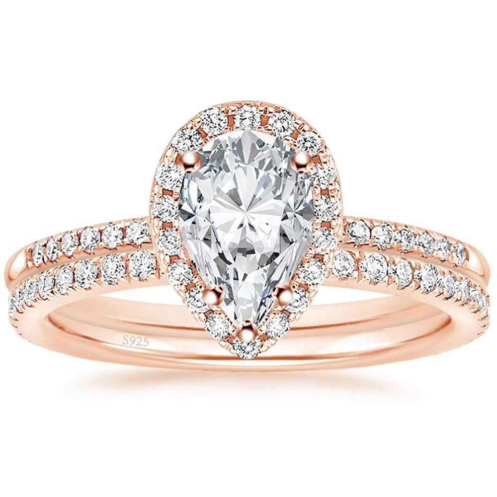 Zakk Women 925 Sterling Silver Bridal Ring Set 1.5 CT Teardrop Halo Solitaire Cubic Zirconia Eternity Engagement Promise Wedding Band (Rose Gold,Size H) โ image 1