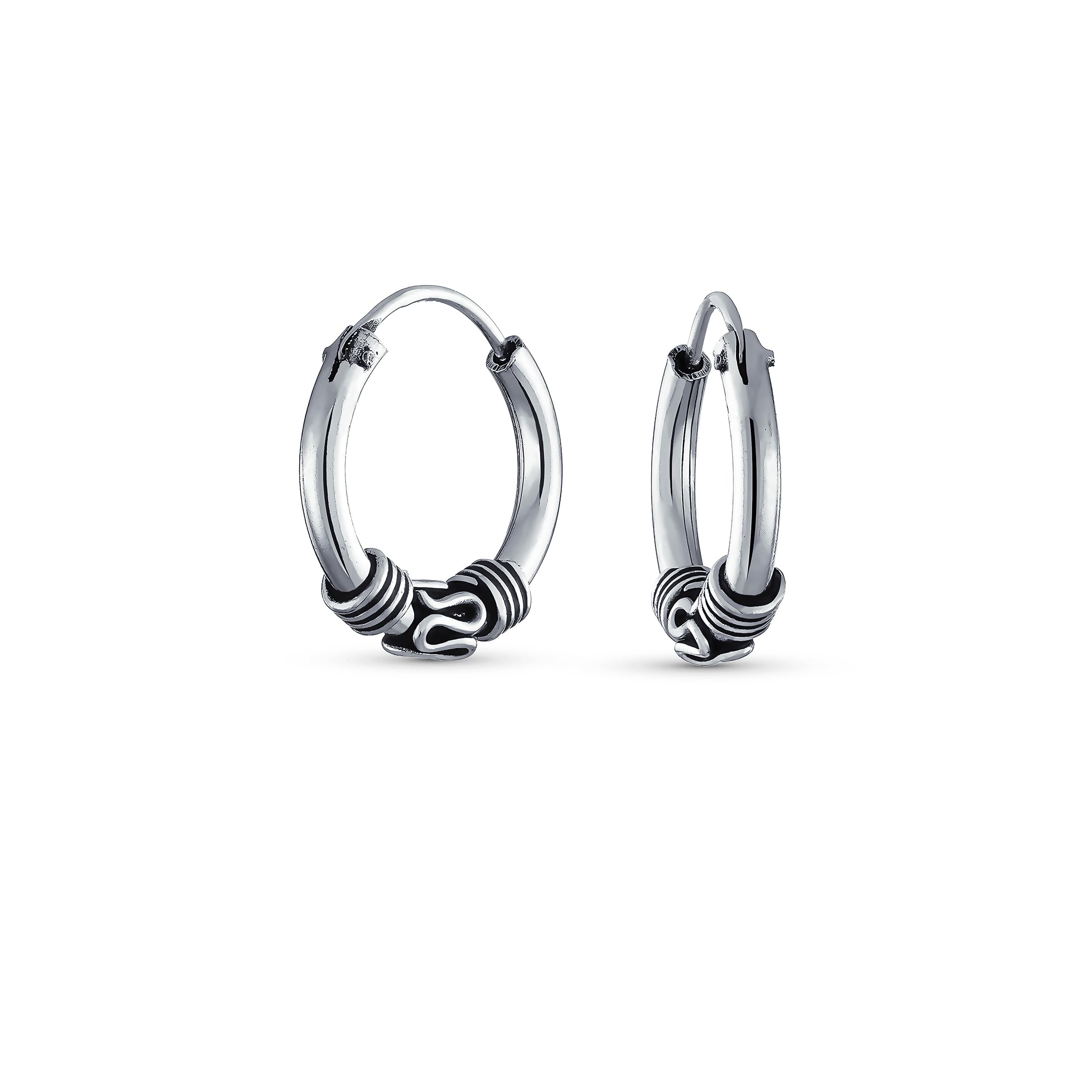 Bali Style Tribal Swirl Continuous Endless Tiny Round Hoop Earrings Oxidized .925 Sterling Silver .50 Inch Diameter
