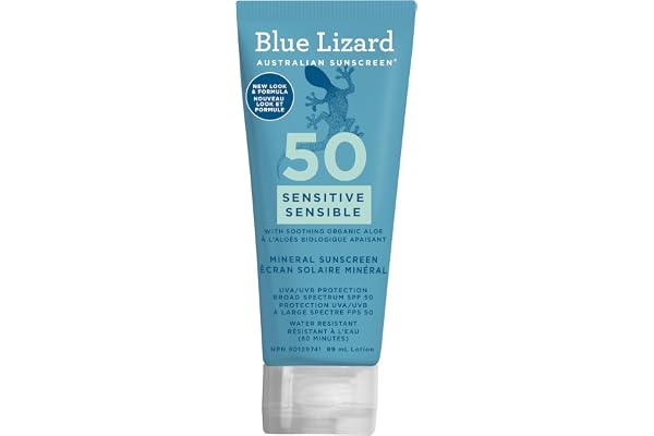Blue Lizard Sensitive Mineral SPF 50 Sunscreen Lotion, 100% Mineral Sunscreen, UVA/UVB Protection, Infused with organic Aloe