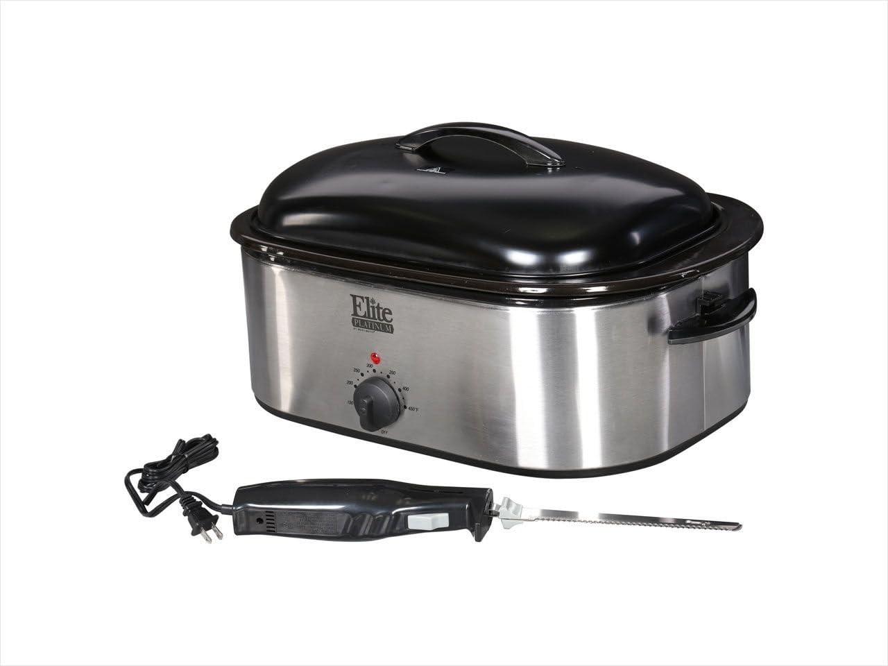Elite Platinum Stainless Steel Roaster Oven with Triple Buffet Server, Removable Insert and Electric Knife, 18 quart, Black