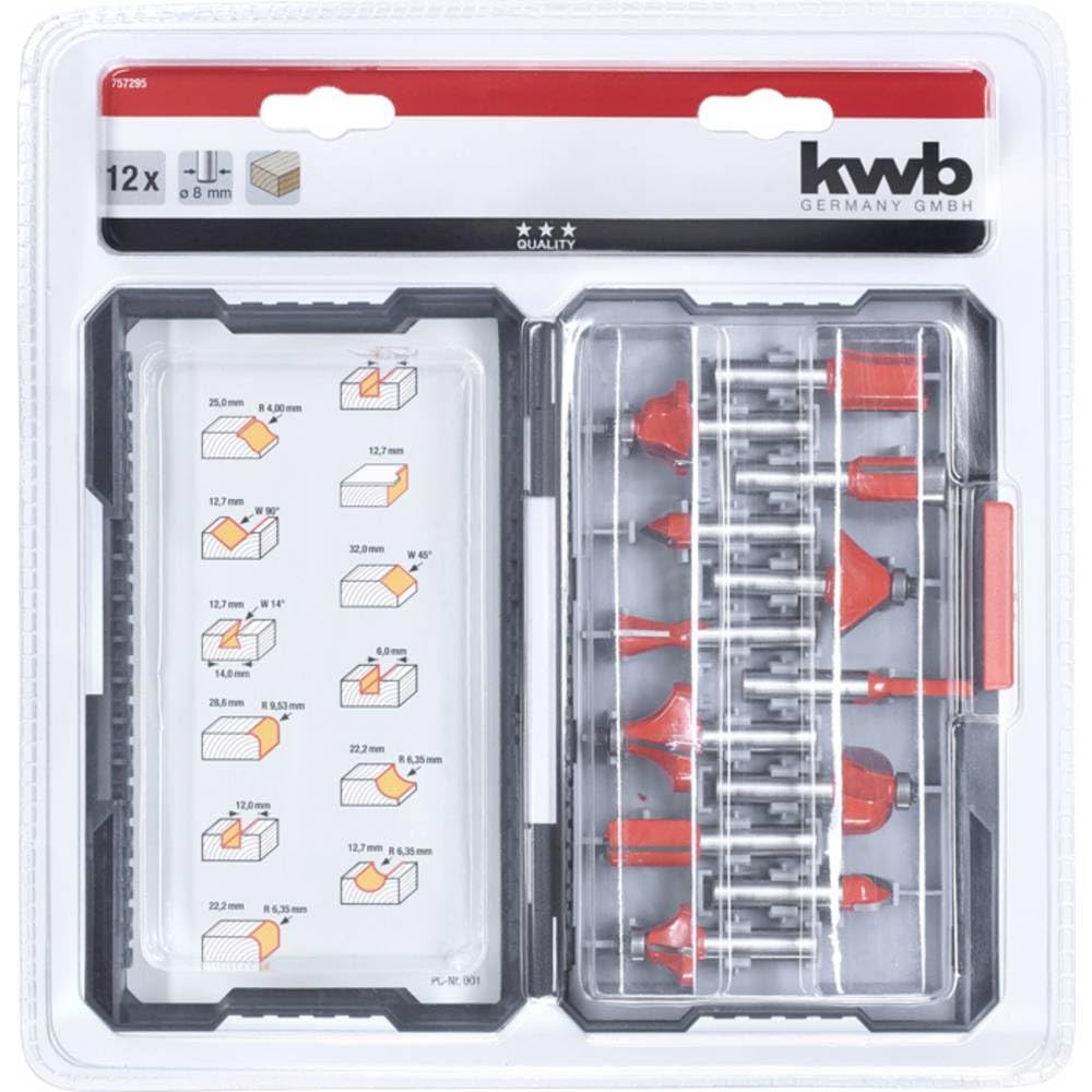 kwb 12-Piece Cutter Set Ø 8 Mm, Carbide-Tipped With Precise Clamping Shank and Optimised Cutting Geometry for An Exact Milling Pattern