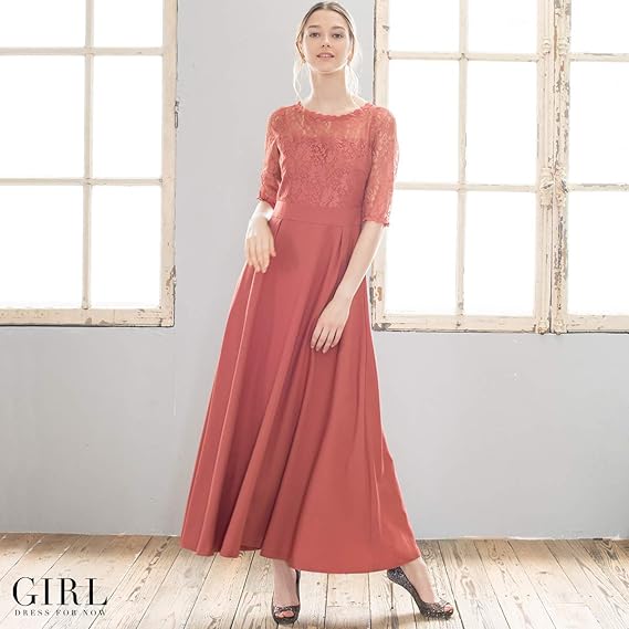 Amazon ガール レース切替え七分袖ロングフレア結婚式ワンピース 二次会 成人式 同窓会 謝恩会 お呼ばれ対応フォーマルパーティードレス ワンピース チュニック 通販