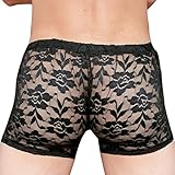 FEESHOW Men's Lace Boxer Briefs Shorts See Through Underwear Lingerie Black Medium (Waistline:25.0-43.0