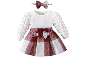 NOUBEAU Toddler Baby Girl Plaid Dress Puff Sleeve Bow Patchwork Ribbed Shirts Dress Plaid Fall Winter Outfits with Headband