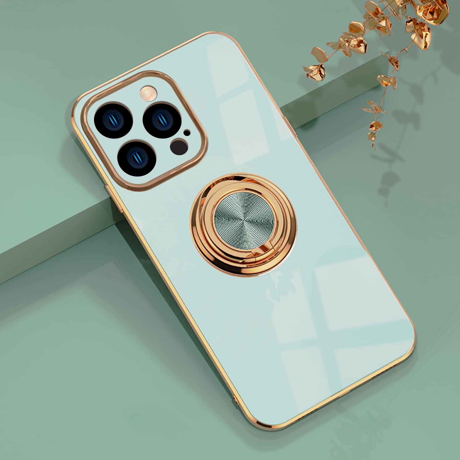 EYZUTAK Electroplated Magnetic Ring Holder Case, 360 Degree with Rotation Metal Finger Ring Holder Magnet Car Holder Soft Silicone Shockproof Cover for iPhone 12 Pro 6.1 inch - Mint Green — image 1