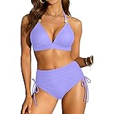 Womens High Waisted Two Piece Swimsuit - Full Coverage Bathing Suit Tummy Control Bikini Set Halter Push Up Swimwear 2025