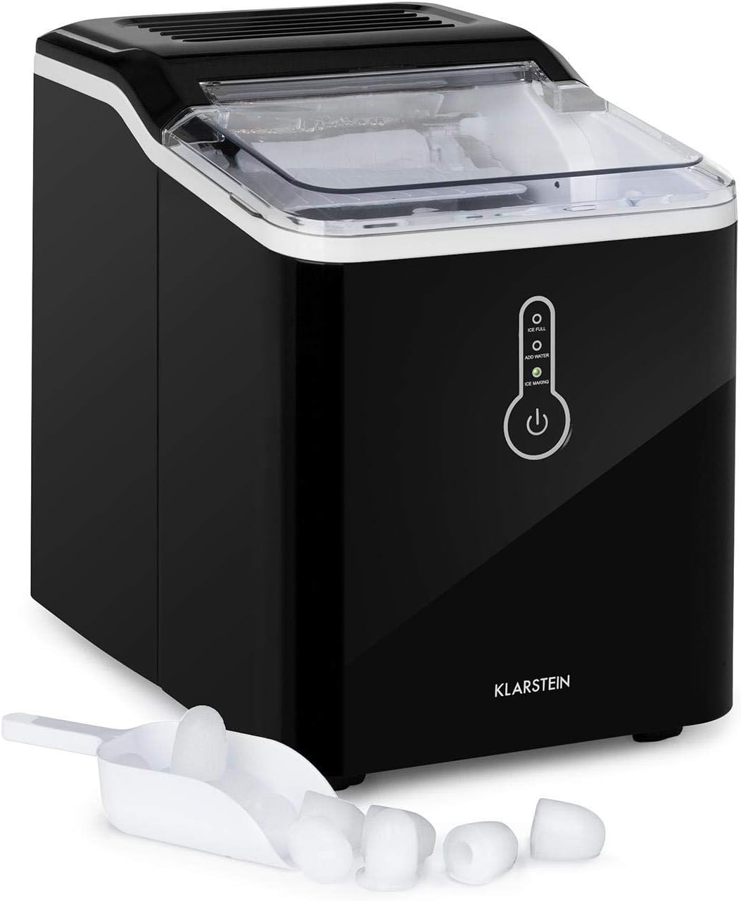 Klarstein Chillout - Eiswürfelmaschine, 12 kg Eis pro Tag, Produktionszyklus: 8 min, Wassertank: 1,5 l, Eiswürfelbereiter ohne Wasseranschluss, mit Eisschaufel, Icemaker Minibar, schwarz