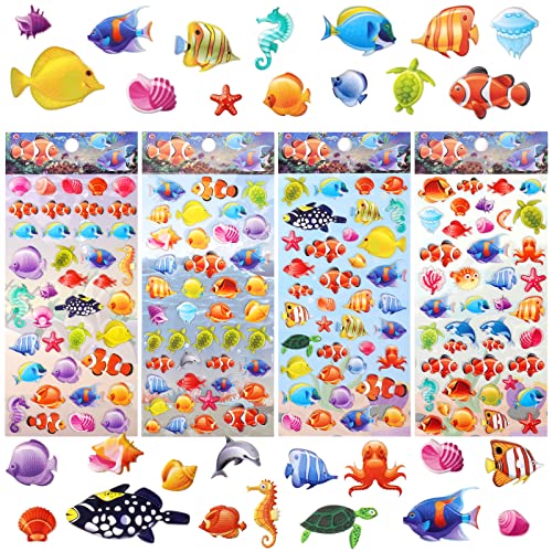 Puffy Fish Stickers for Kids Toddlers 3D Foam Under The Sea Ocean Animal Stickers for Crafts Sea Creatures with Assorted Small Sea Life,Tropical Fish,Sea Turtles Shape Stickers,4 Sheets.
