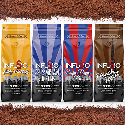 InfuSio-Gourmet-Ground-Coffee-64oz-Variety-Pack-Eight-8oz-Bags-Pack-of-8-4lbs-Total-French-RoastColombianCity-RoastCosta-Rica-With-Flavored-Blends-PecanChicoryVanillaCreme-Brulee