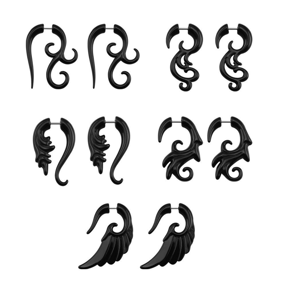 16g Graceful Tribal Spiral Fake Gauges Acrylic Ear Tapers Fake plugs Horn stud earrings (Black Tribal-style)