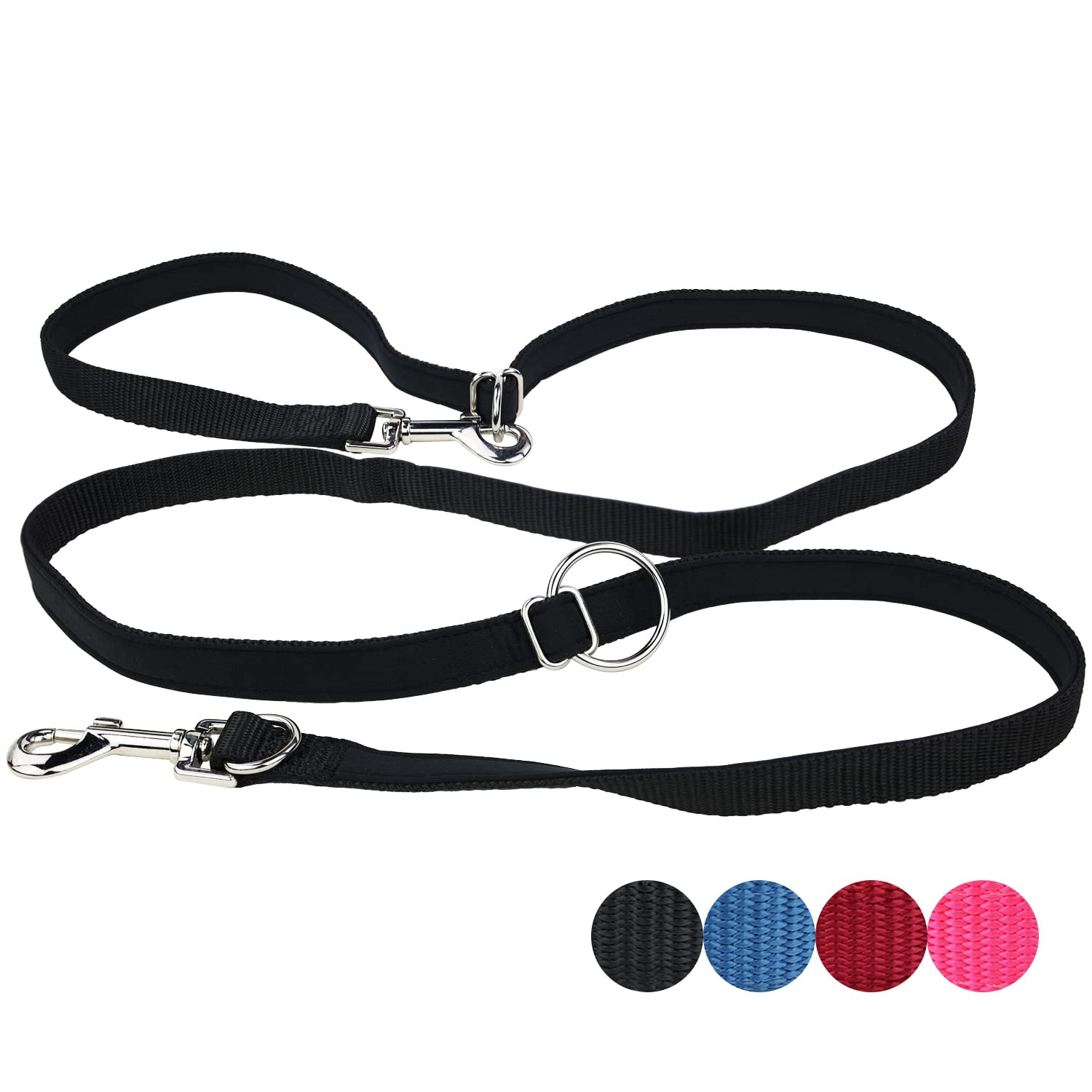 Multifunction Double Ended Lead, 2m Nylon & Neoprene-Padded Hands Free Dog Lead, Adjustable Lengths, Light & Comfortable for Walking, Running and Training (Black, M - 2.0 x 200 cm)