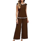 Gardenwed Women's Two Piece Outfit, Cap Sleeve Top and Wide Leg Pants Elegant Summer Set with Trim Design