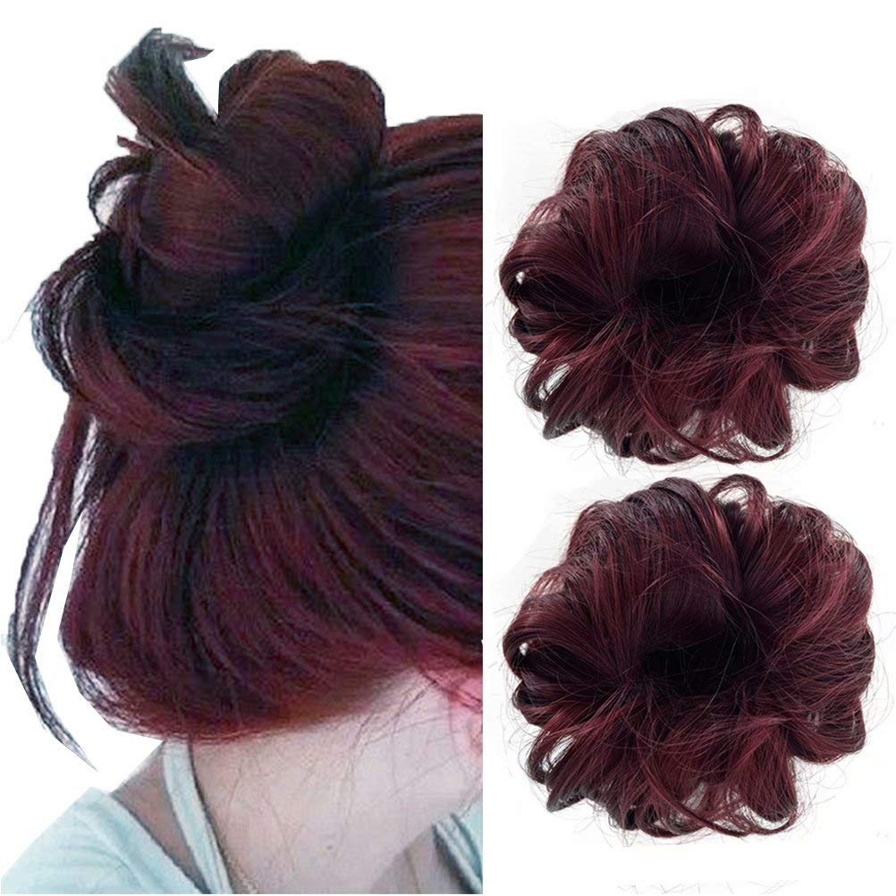 Observe your hair color outdoors! iLUU Wine Red Messy Hairpiece 2pcs/package Scrunchy Scrunchies Elastic Chignon Bun Hairpieces Updo Donut Wavy Synthetic Wig Hair Extensions Hair Bun, 9 inches
