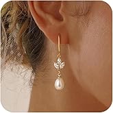 CTEEGN Gold Plated Freshwater Pearl Dainty Earrings for Women Dangle Formal 14K Plated Drop Heart Earrings Prom Wedding Long Hypoallergenic Trendy Jewelry Gifts