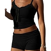 XBTCLXEBCO Women Sexy 2 Piece Pajama Set Sleeveless Lace Trim Crop Cami Top and Shorts Pj Set Y2K Sleepwear Lounge Outfits
