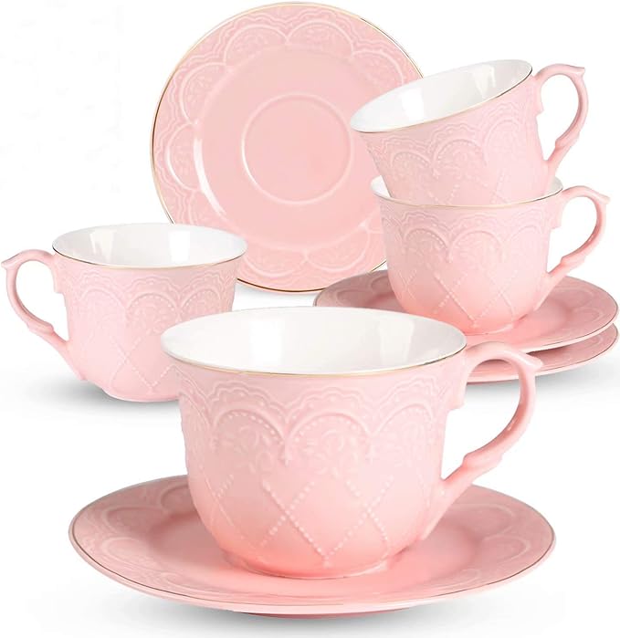 Fine Bone China Kaffeetassen mit Untertassen Set 4er Rosa Blumen Relief