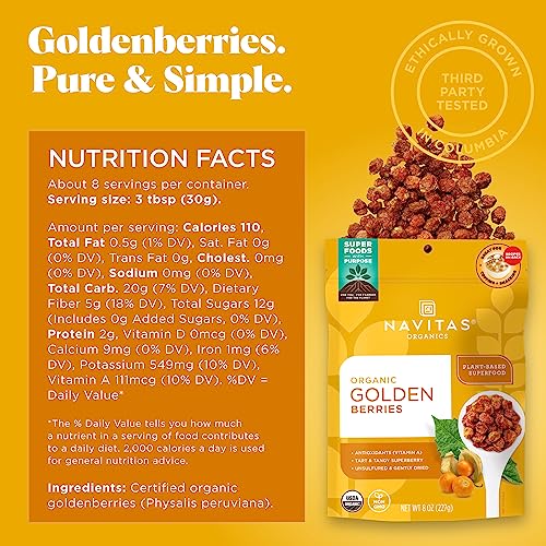 Navitas Organics Goldenberries– For Healthy Snacks, Topping, Baking & More – Dried Fruit – No Added Sugar & Sulfite Free – USDA Organic, Non GMO, Kosher, Gluten Free, Vegan (8oz. Bag, 8 Servings)
