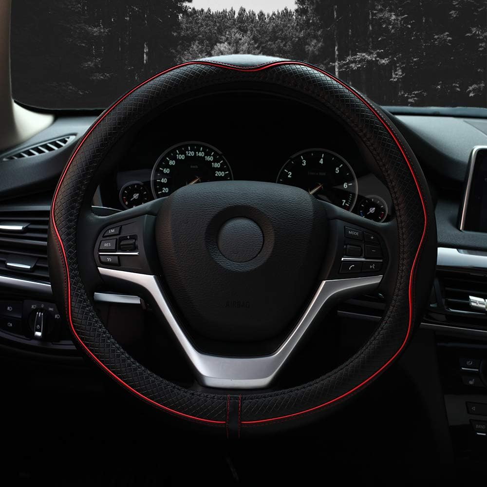Valleycomfy 15.75 inch Auto Car Steering Wheel Covers Black with Red Lines- Genuine Leather for F-150 Tundra Range Rover.: Automotive