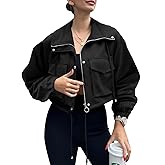 Skoinvb Womens Cropped Jacket Faux Suede Zip Up Oversized Anorak Coats with Pockets Utility Jackets