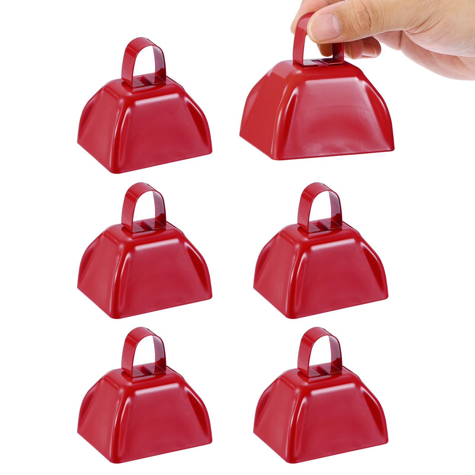 PATIKIL 6pcs Cow Bells for Football Games, 3inch Cowbells for Sporting Events Bulk Loud Noise Makers Metal Cow Bell with Handle for Cheering Wedding,Red