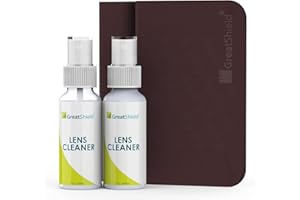 GreatShield Lens Cleaner Spray Kit, 2X 2oz Cleaning Solution Bottles + 2X Microfiber Cloths, Streaks and Alcohol Free, Removes Fingerprints, Dust, Oil, for Eyeglasses, Cameras and Safe for All Lenses