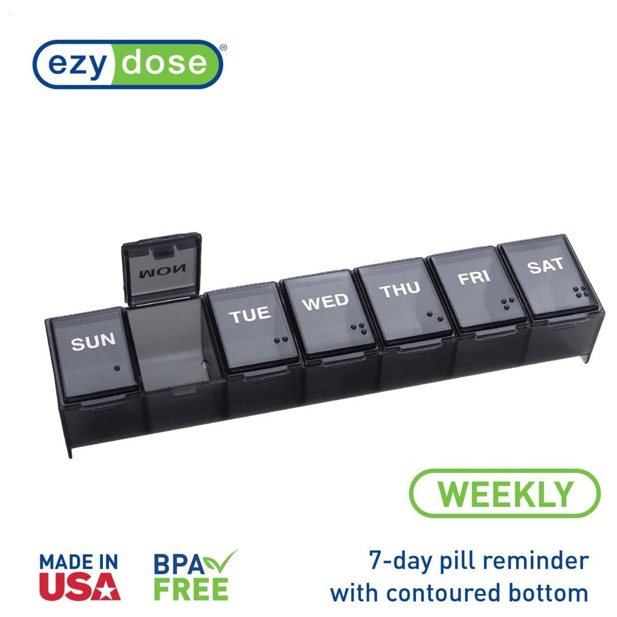EZY DOSE Weekly (7-Day) Daily Pill Case, Medicine Planner, Vitamin Organizer, Supplement Container, Convenient and Easy to Use, Large Compartments, Travel Friendly, Black, Made in the USA, BPA Free