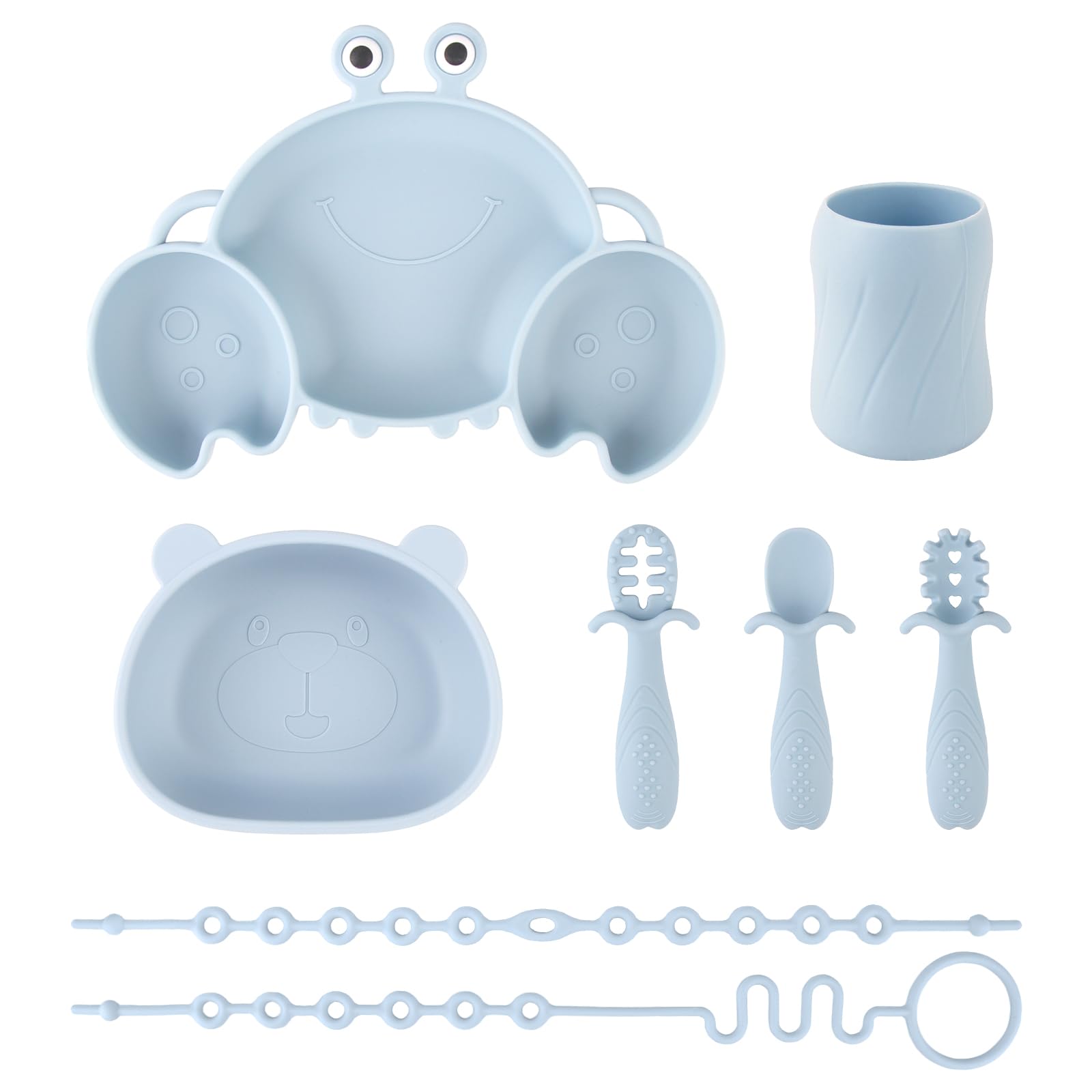 Silicone Baby Feeding Set, 8-Piece Baby Led Weaning Supplies Included Toddler Suction Plate, Bowl, Cup, 3 Spoons & 2 Safety Straps Keep Bottle & Pacifier Off The Floor for Self-Feeding (Blue)