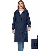 SaphiRose Women's Long Rain Jacket Waterproof Lightweight Hooded Raincoat Packable Knee Length Rain coat
