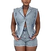 Ecirod Women's Denim Jumpsuit Romper Sexy V Neck Button Link Hollowed Sleeveless Jean Shorts
