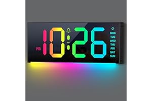 Abovsare Digital Wall Clock Large Display, 13" Alarm Clock with 12 RGB Colors Changing Remote Control, LED Clocks with Night Lights for Living Room Bedroom Office Wall Decor, Black