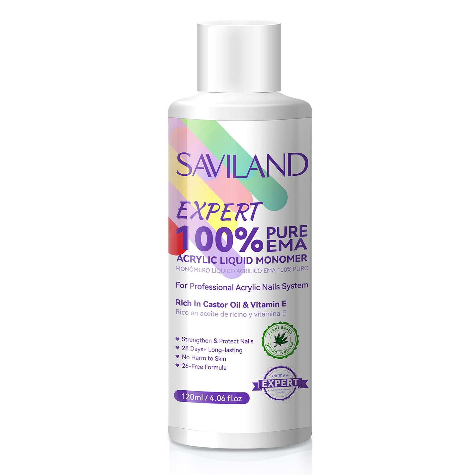 SAVILAND Pure EMA Acrylic Liquid: 120 ml Acrylic Monomer Liquid Low Odor Acrylic Liquid Nail with Castor Oil Vitamin E Safe Ingredients Liquid Monomer for Acrylic Nails Non Yellowing DIY Home