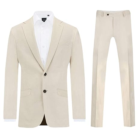 Dobell Herren Leinen Anzug zweiteilig Cremefarben Slim Fit
