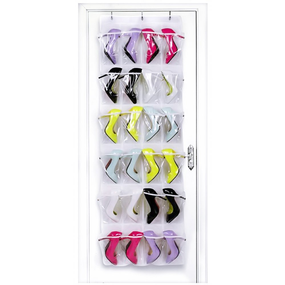 24 Pockets Over The Door Shoe Organizer Crystal Clear Hanging Storage Bag with 3 Hooks by Hippih