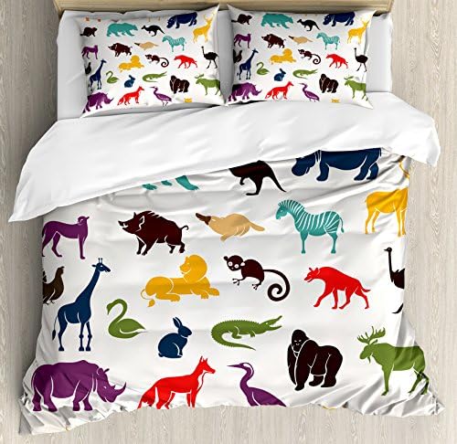 AmbesonneZoo Duvet Cover Set, European Animal Silhouettes in Cartoon Style Safari Wildlife Zoo Theme, Decorative 3 Piece Bedding Set with 2 Pillow Shams, Queen Size, Orange Seafoam